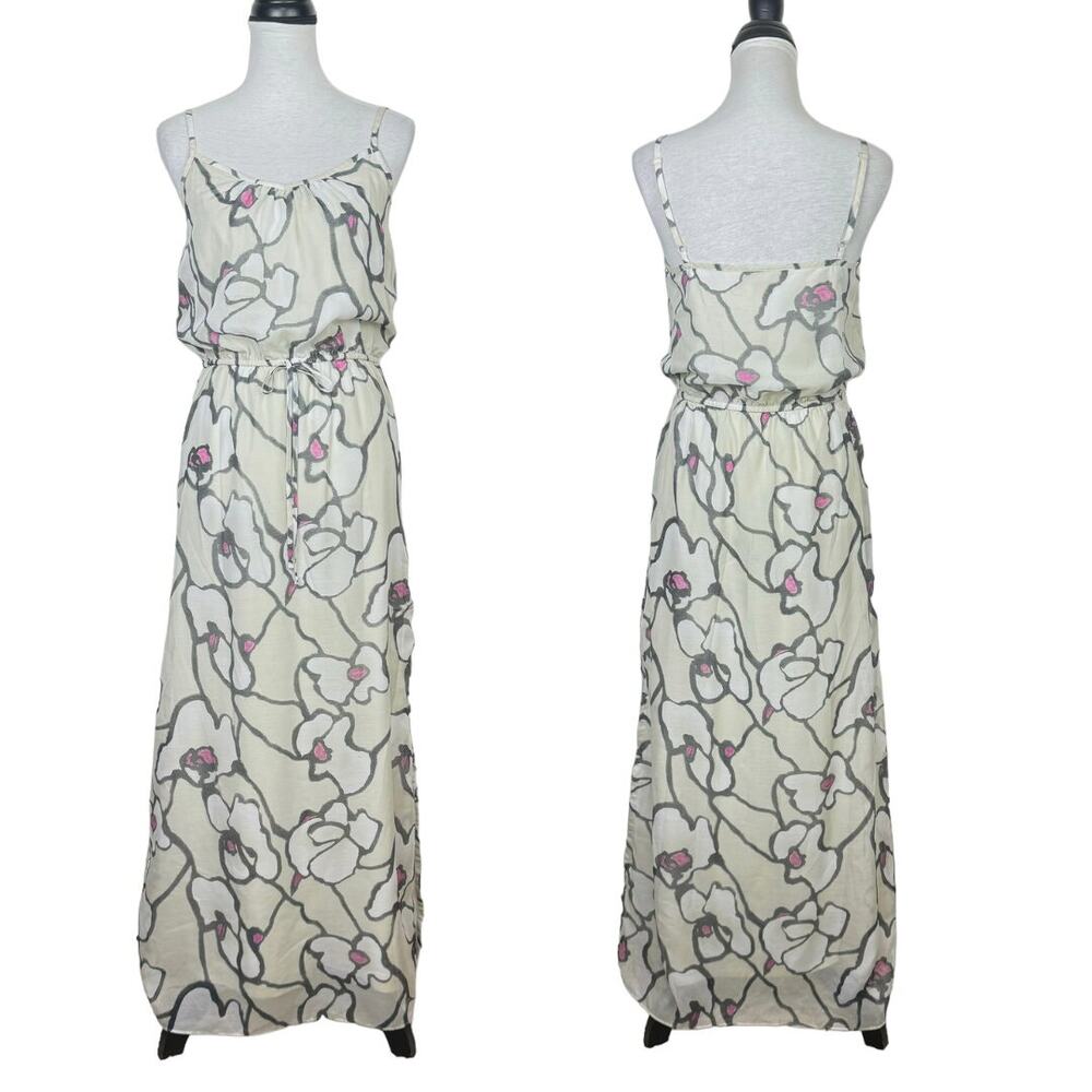 LOFT Gray Beige Neutral Floral Spaghetti Strap Cinch Waist Casual Maxi Dress - Picture 1 of 8